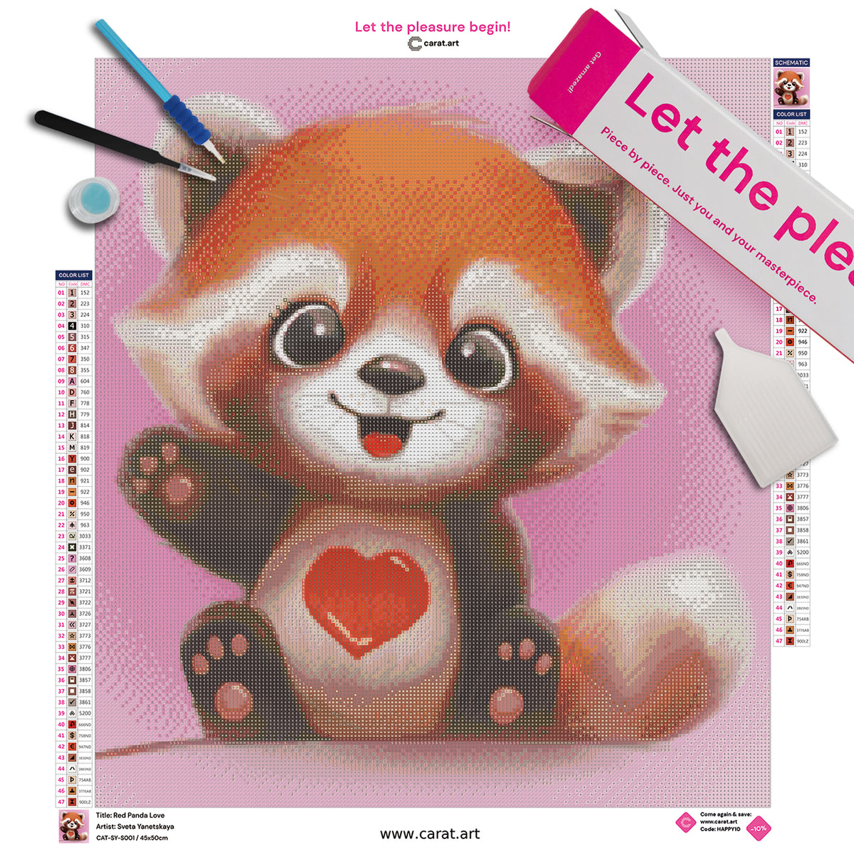 Diamond Painting Set mit rotem Panda Liebesmotiv inklusive Leinwand, ciratart.com Karton und hochwertigem Zubehör