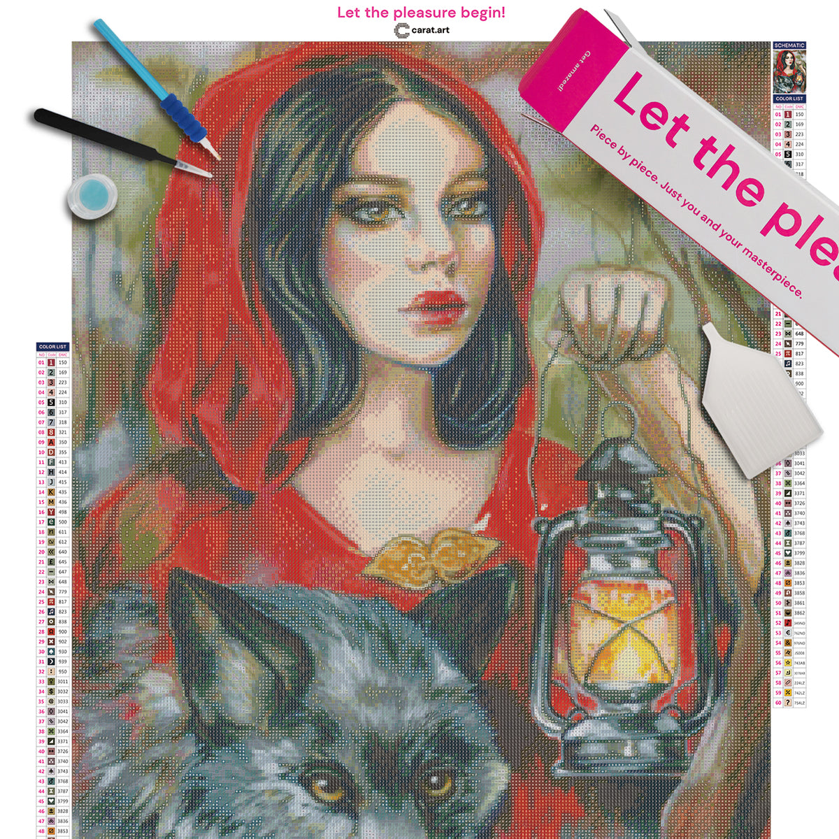 Diamond Painting Set mit Rotkäppchen und Wolf im Märchenmotiv inklusive Leinwand, ciratart.com Karton und hochwertigem Zubehör
