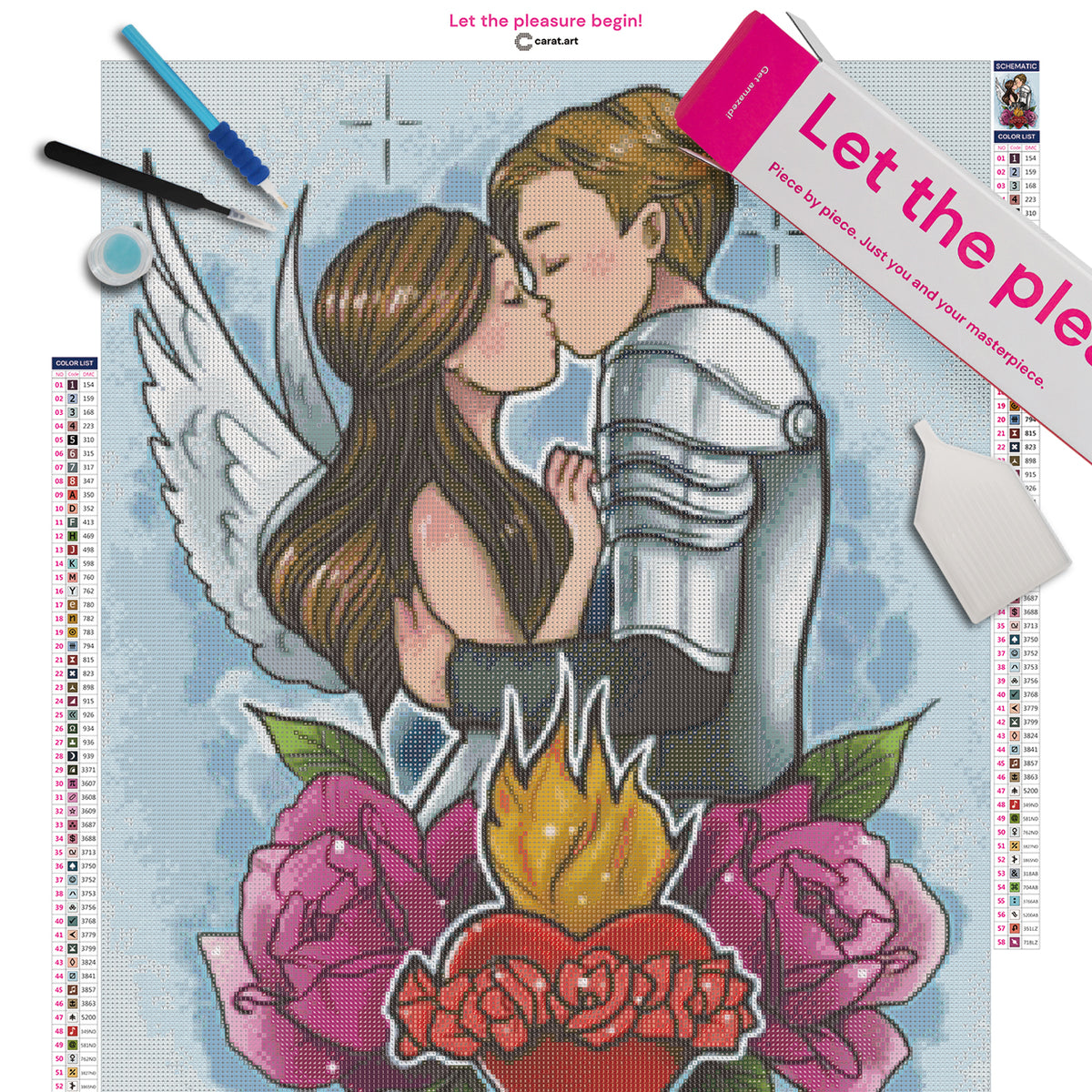 Diamond Painting Set Romeo und Julia mit Rosen und Herzmotiv inklusive Leinwand, ciratart.com Karton und hochwertigem Zubehör