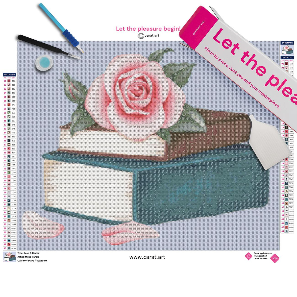 Diamond Painting Set mit Rose und nostalgischem Bücher Motiv inklusive Leinwand, ciratart.com Karton und hochwertigem Zubehör