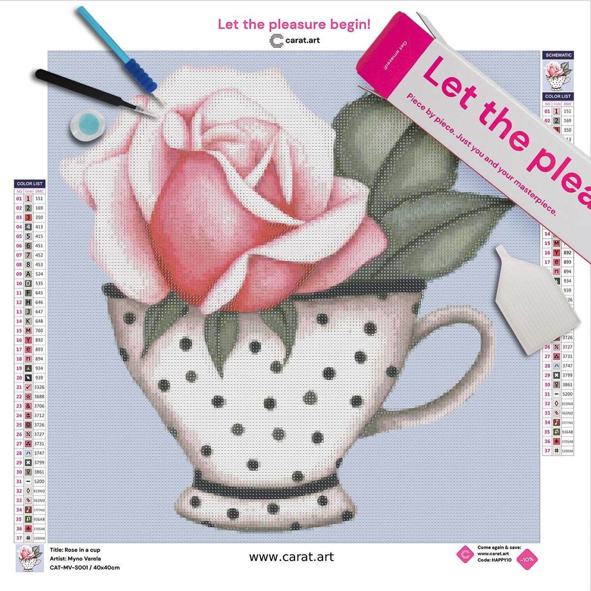 Diamond Painting Set mit Rose in einer Tasse inklusive Leinwand, ciratart.com Karton und hochwertigem Zubehör