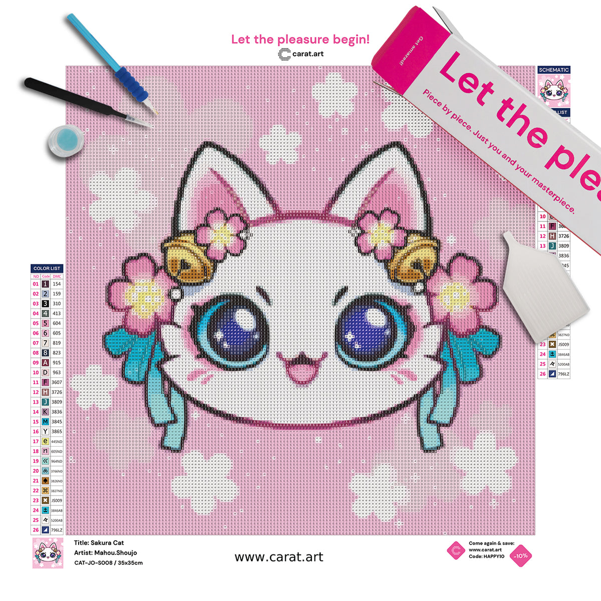 Diamond Painting Set mit Kawaii Sakura Katzenmotiv inklusive Leinwand, ciratart.com Karton und hochwertigem Zubehör