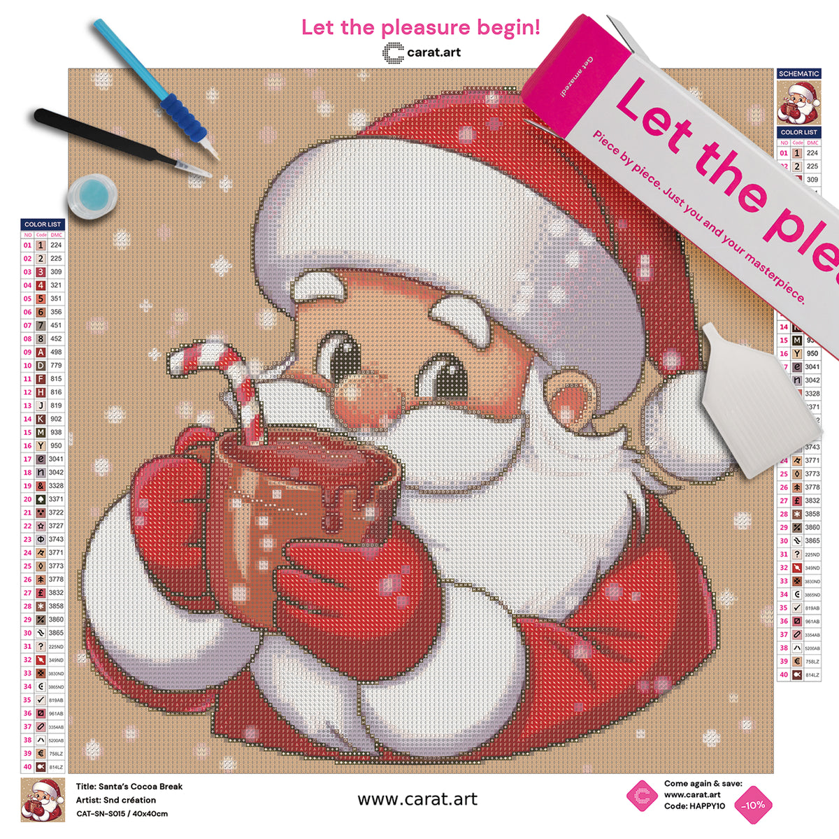 Diamond Painting Set mit niedlichem Weihnachtsmann, der einen Schluck aus einer Tasse heißer Schokolade mit Zuckerstange trinkt, umgeben von Schneeflocken inklusive Leinwand, ciratart.com Karton und hochwertigem Zubehör