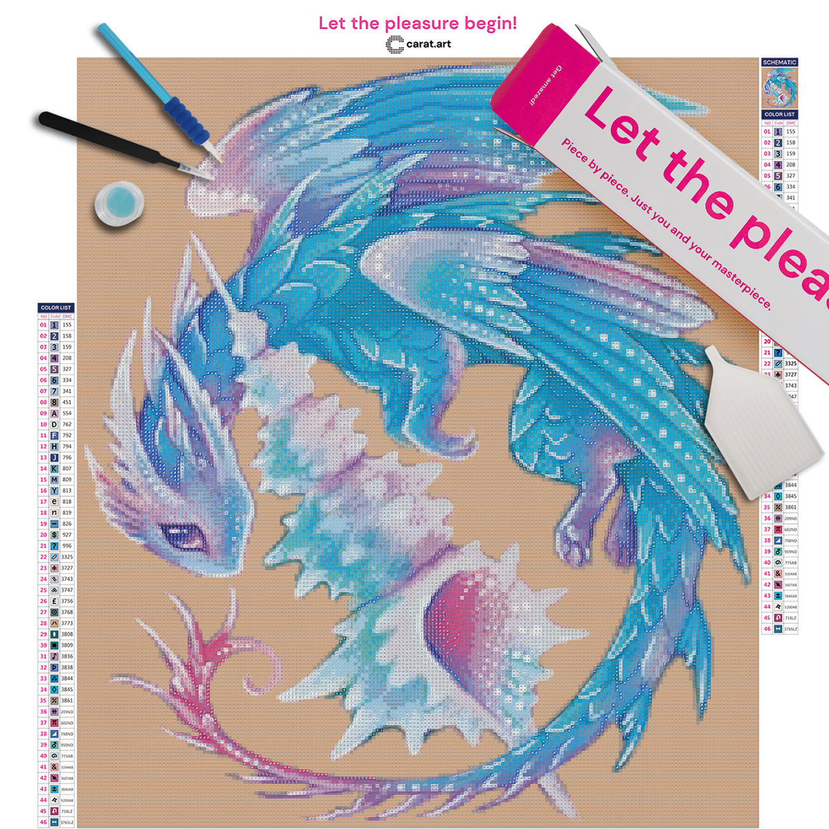 Diamond Painting Komplett-Set mit prächtigem Meeresdrachen, glänzenden Schuppen, gefiederten Flügeln und großer Muschel auf Leinwand mit Diamond Painting Werkzeug und ciratart.com Box