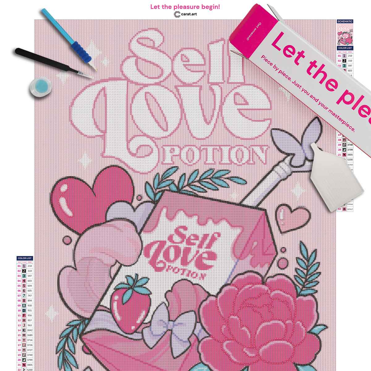 Diamond Painting Set mit Self Love Potion und Saftkarton Motiv inklusive Leinwand, ciratart.com Karton und hochwertigem Zubehör