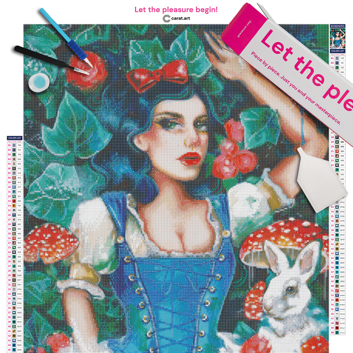 Diamond Painting Set mit Schneewittchen im blauen Mieder und rotem Apfel, umgeben von Rosen, giftigen Pilzen, Laub und einem kleinen Kaninchen inklusive Leinwand, ciratart.com Karton und hochwertigem Zubehör