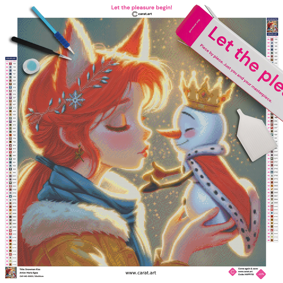 Diamond Painting Set mit rothaarigem Mädchen mit Fuchsohren, Schal und Wintermantel sowie kleinem Schneemann mit Krone und rotem Umhang, die sich zu einem Kuss nähern, inklusive Leinwand, ciratart.com Karton und hochwertigem Zubehör
