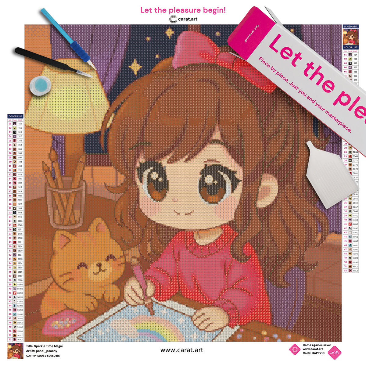 Diamond Painting Set mit dunkelhaarigem Mädchen im roten Pulli und roter Schleife im Haar, das gemeinsam mit seiner Katze in einem gemütlichen Wohnzimmer Diamond Painting macht, inklusive Leinwand, ciratart.com Karton und hochwertigem Zubehör