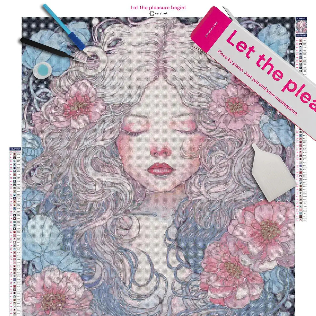 Premium Diamond Painting Set mit liegendem Mädchen und von rosa Blüten und Blättern geschmückten Haaren auf Leinwand mit Diamond Painting Zubehör und ciratart.com Karton