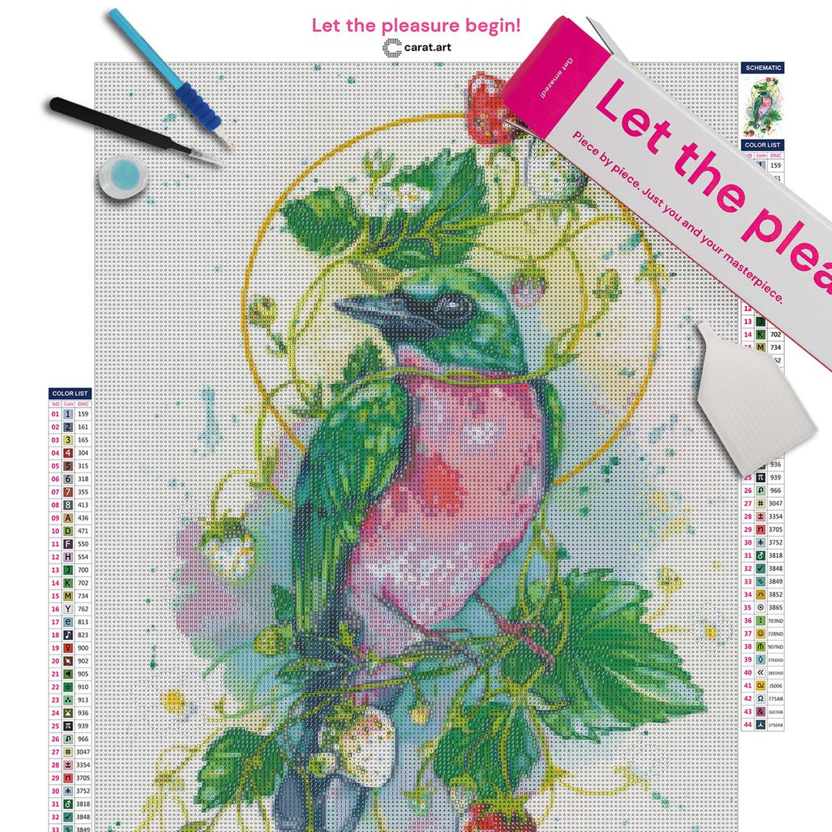 Premium Diamond Painting Set mit Vogel, Erdbeeren und Blüten inklusive Leinwand, ciratart.com Karton und Zubehör
