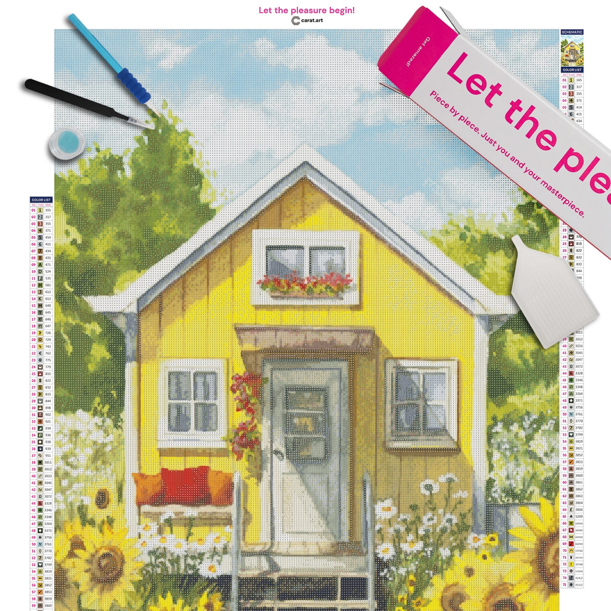Diamond Painting Set mit kleinem gelbem Haus und Sonnenblumenfeld inklusive Leinwand, ciratart.com Karton und hochwertigem Zubehör