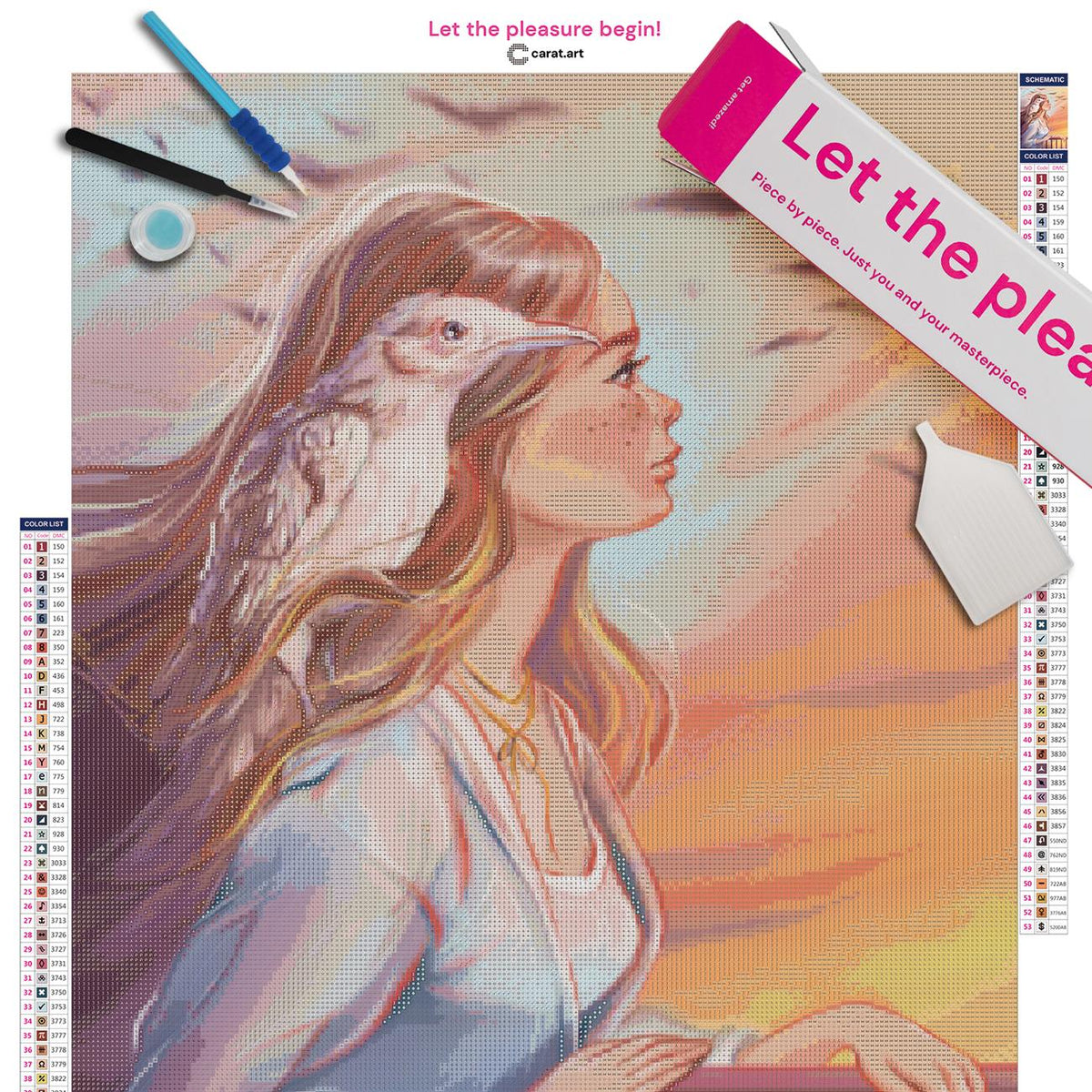 Diamond Painting Set mit Frau, weißem Vogel und wehendem Haar vor einem stimmungsvollen Sonnenuntergang in Purpur- und Goldtönen inklusive Leinwand, ciratart.com Karton und hochwertigem Zubehör
