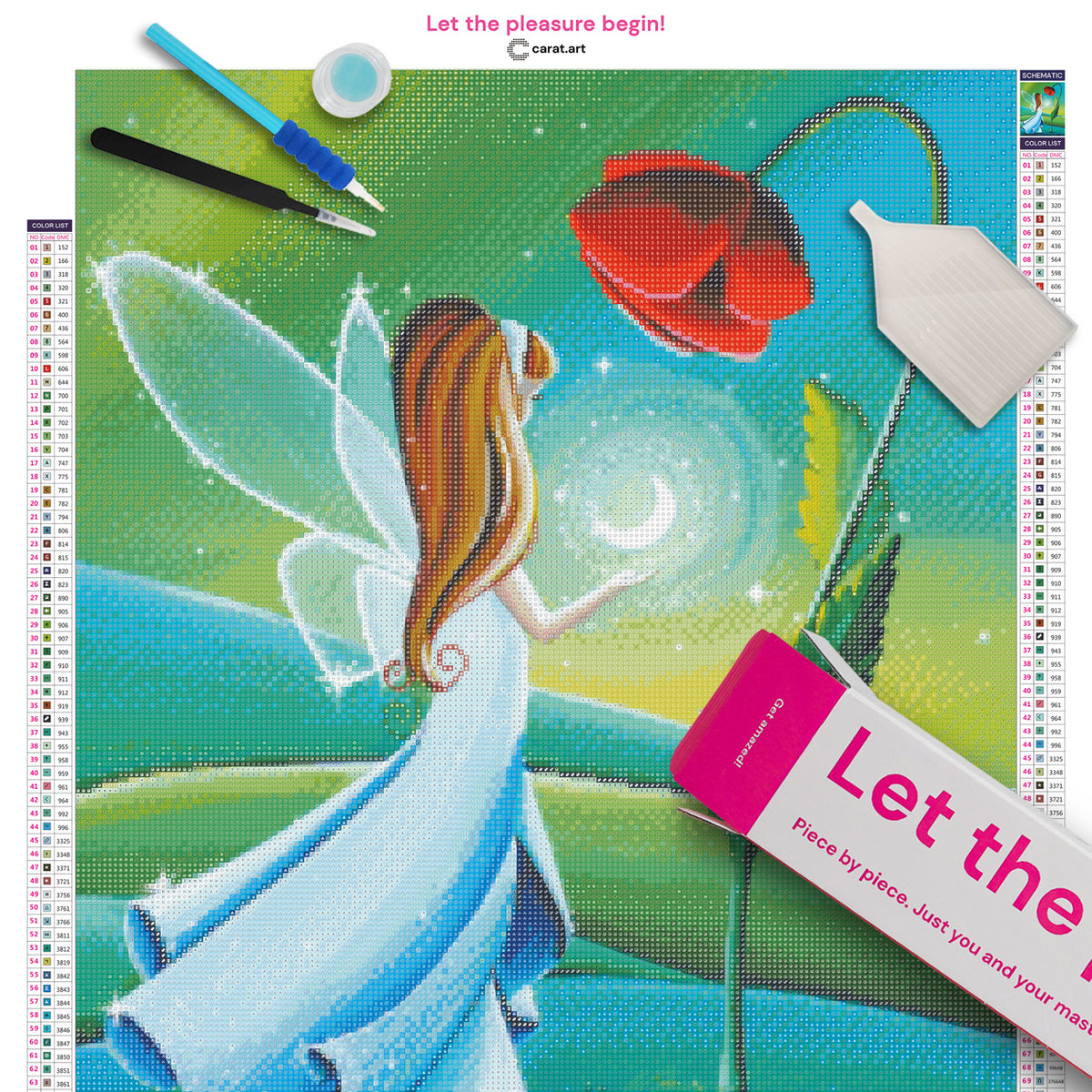 Diamond Painting Set mit kleiner Fee, transparenten Flügeln und Halbmond unter einer roten Mohnblume inklusive Leinwand, ciratart.com Karton und hochwertigem Zubehör