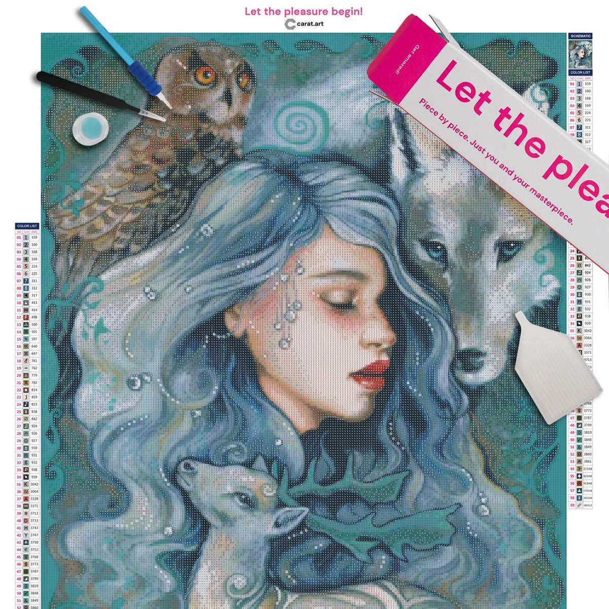 Diamond Painting Set mit Winterfee, Wolf, Hirsch und Eule inklusive Leinwand, ciratart.com Karton und hochwertigem Zubehör