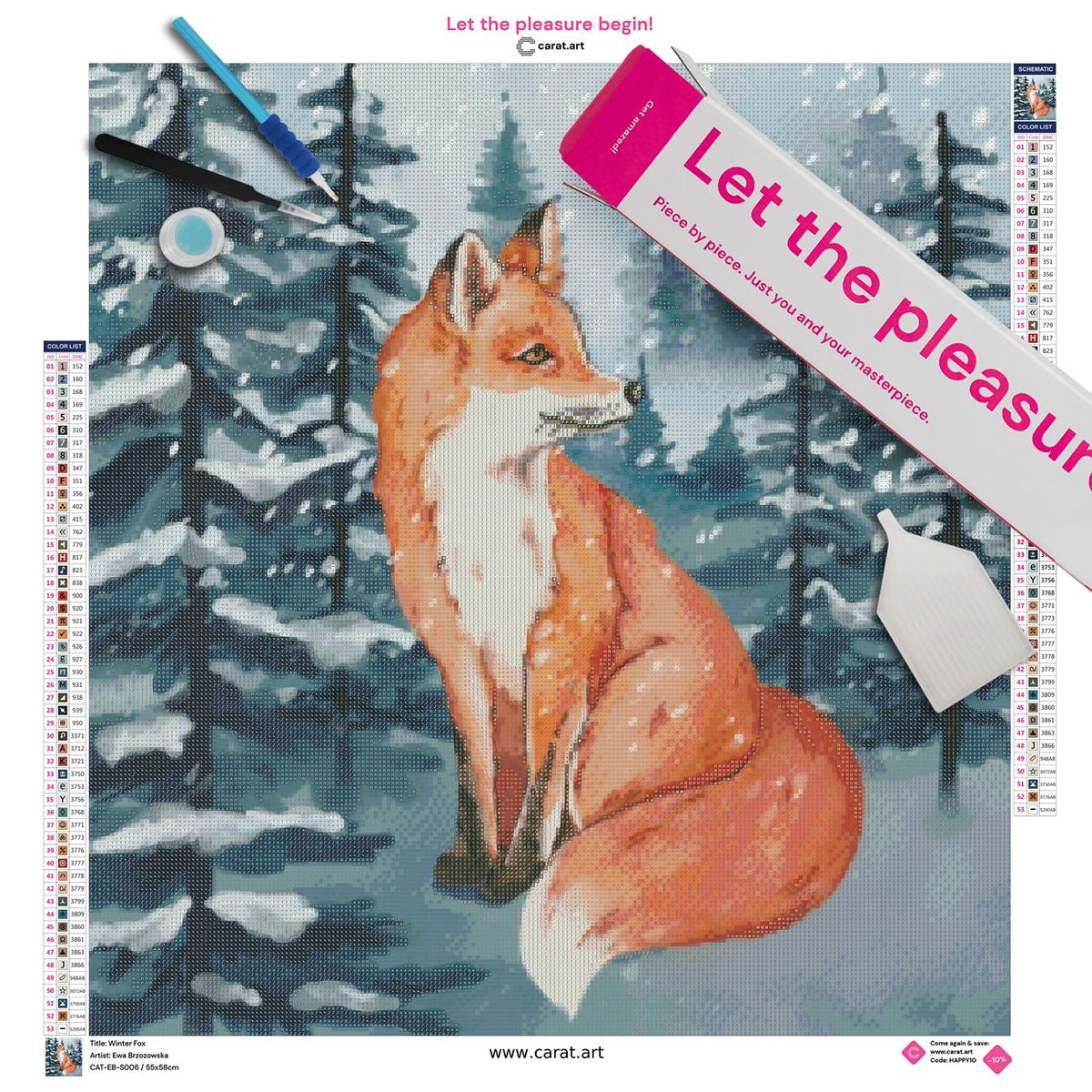 Diamond Painting Set mit Winterfuchs und verschneitem Waldmotiv inklusive Leinwand, ciratart.com Karton und hochwertigem Zubehör