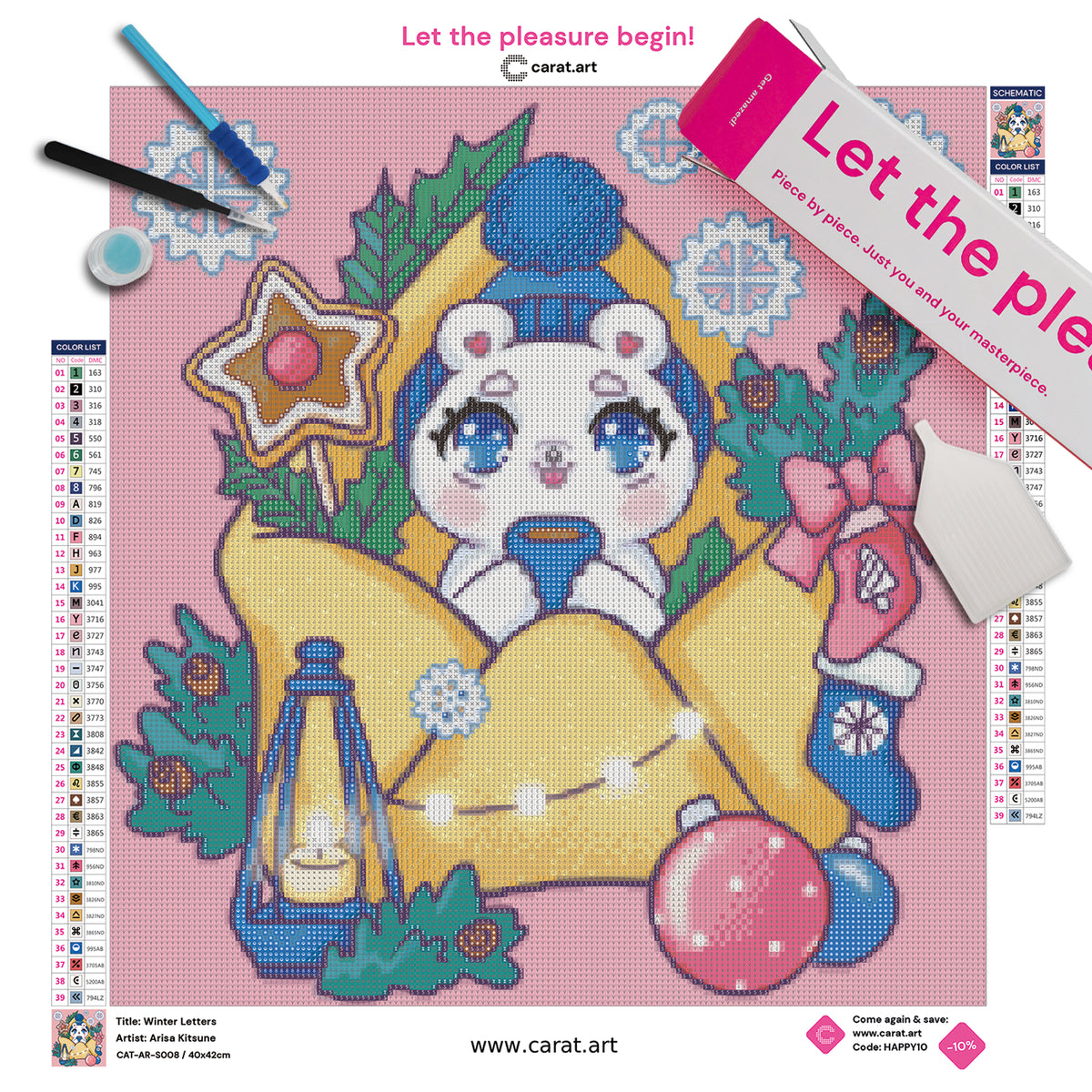 Premium Diamond Painting Set mit Eisbär, winterlich dekoriertem Briefumschlag, Laterne und glitzernden Schneekristallen inklusive Leinwand, Diamond Painting Werkzeug und ciratart.com Box