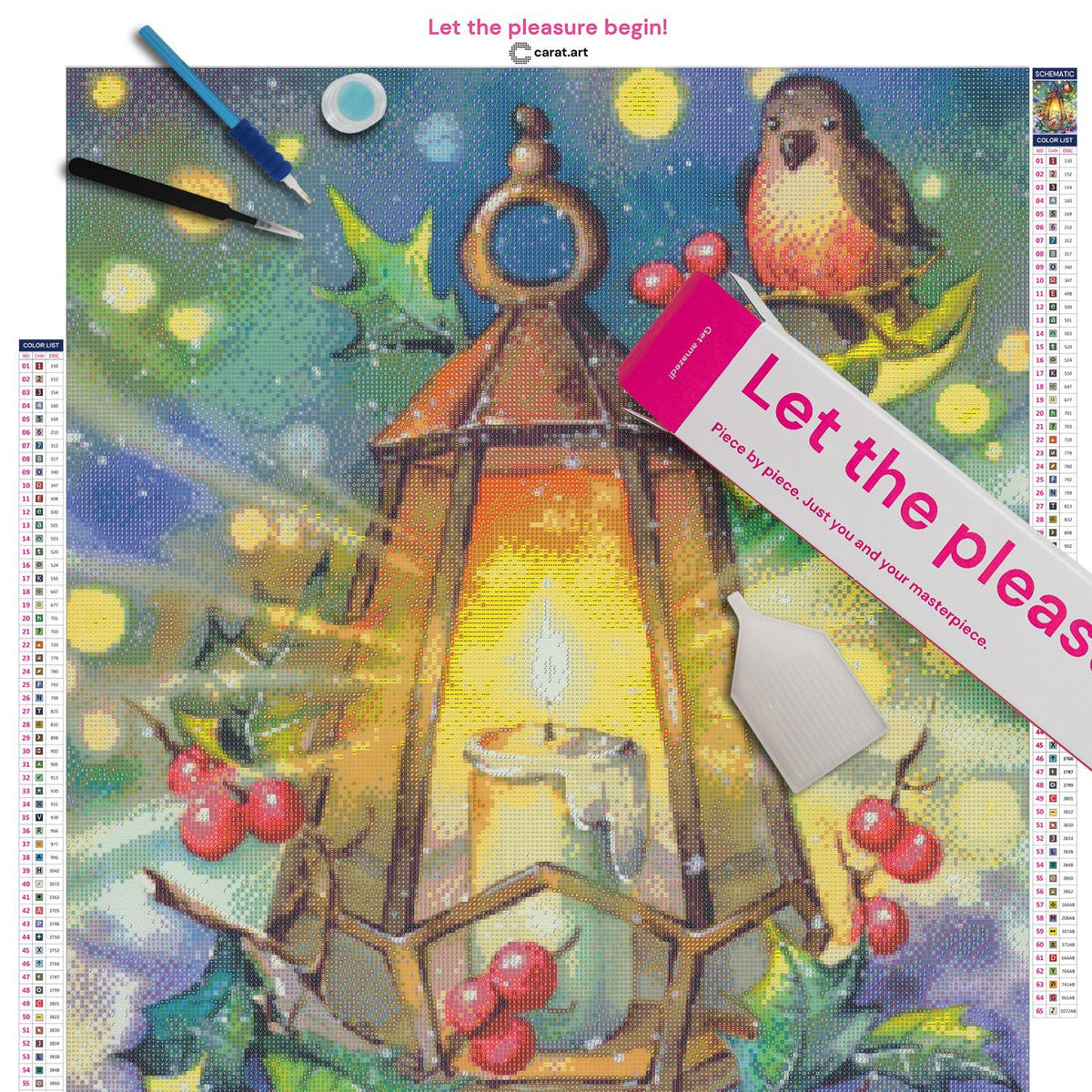 Diamond Painting Set mit leuchtendem Windlicht, kleinem Vogel und winterlicher Dekoration aus Zweigen, Blättern und Beeren inklusive Leinwand, ciratart.com Karton und hochwertigem Zubehör
