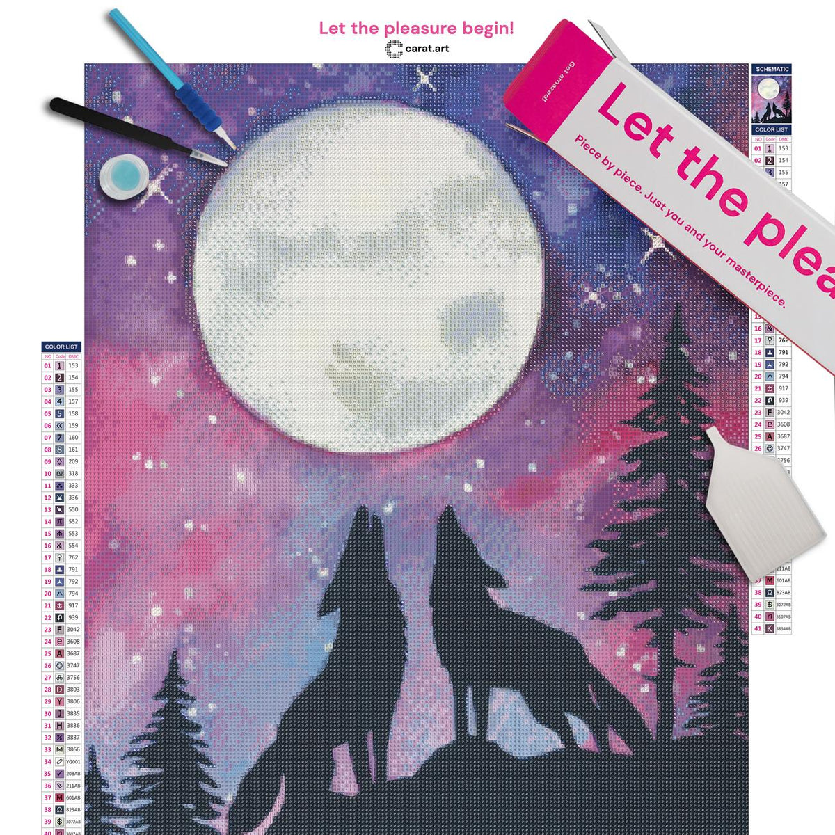 Diamond Painting Set mit zwei Wölfen, Vollmond und farbenfrohem Nachthimmel inklusive Leinwand, ciratart.com Karton und hochwertigem Zubehör