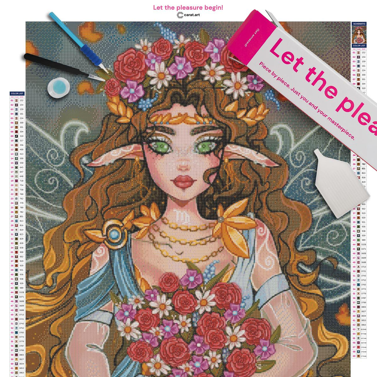 Diamond Painting Set mit Sternzeichen Fee, Feenflügeln und Blumenschmuck inklusive Leinwand, ciratart.com Karton und Zubehör