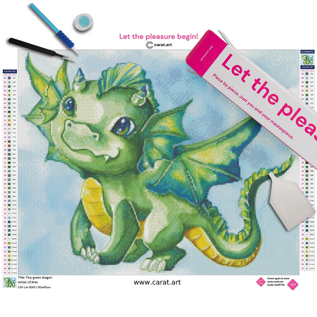 Premium Diamond Painting Set mit kleinem grünen Drachen inklusive Leinwand, ciratart.com Karton und hochwertigem Zubehör