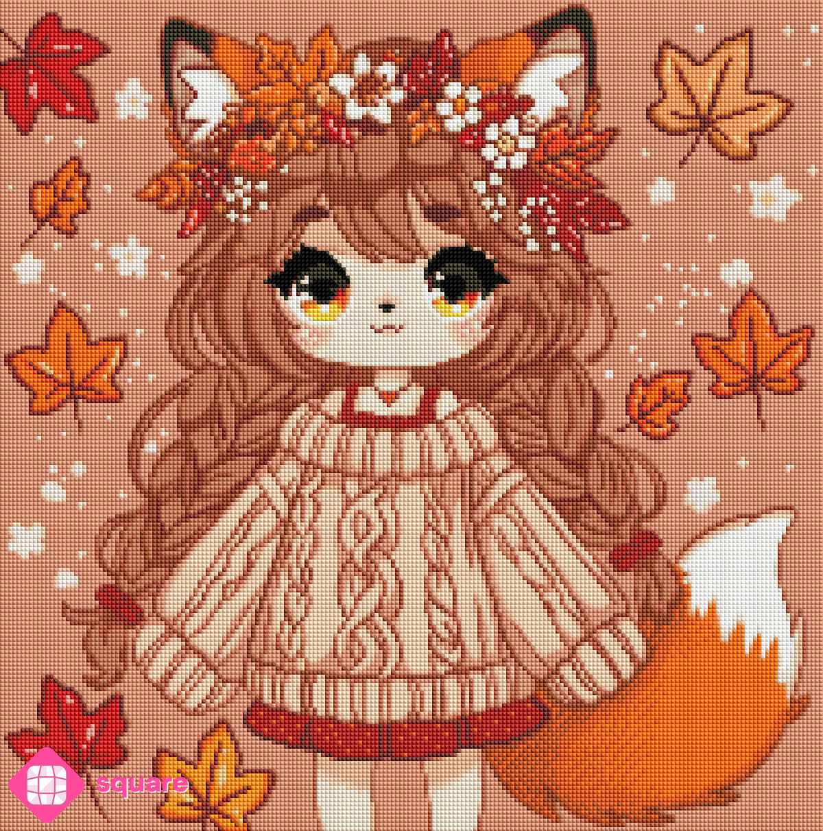 Diamond Painting Vorschau mit Fuchs Mädchen und warmen Herbstfarben in funkelnder Steinoptik als Render-Vorschau