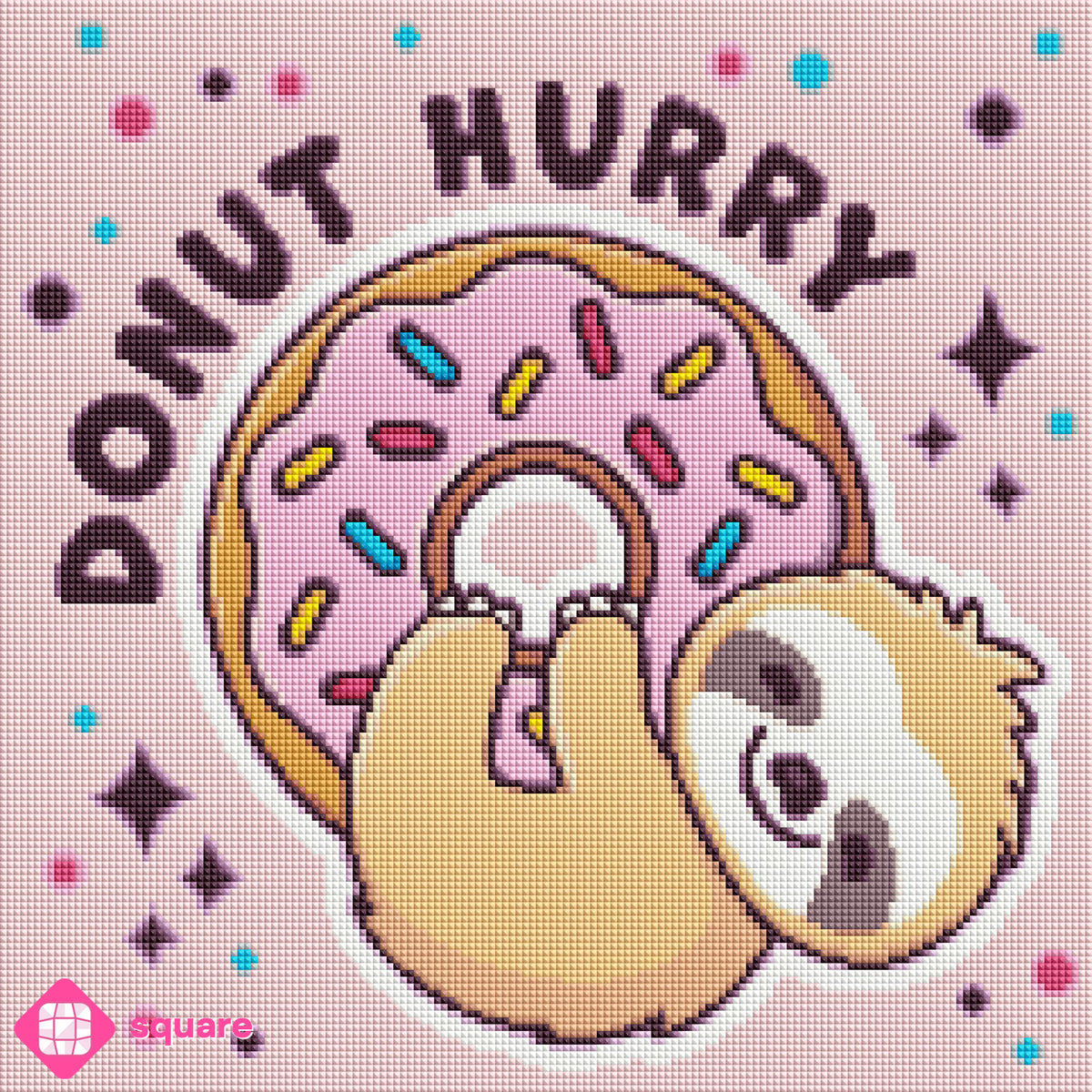 Diamond Painting Vorschau mit Faultier und Donut mit bunten Streuseln in funkelnder Steinoptik als Render-Vorschau