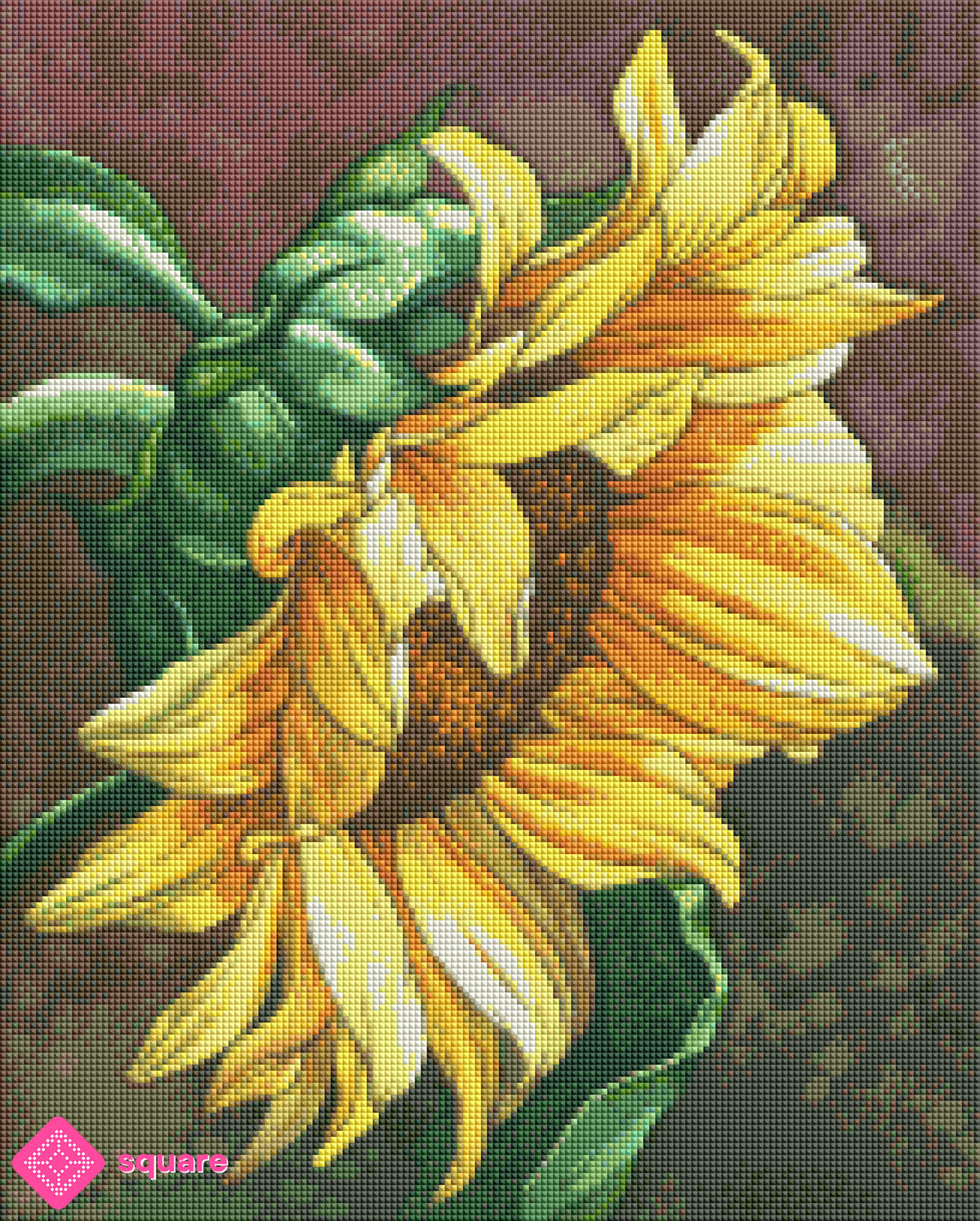 Vorschau eines floralen Diamond Paintings mit goldener Sonnenblume und funkelnden Tautropfen in detailreicher Steinoptik