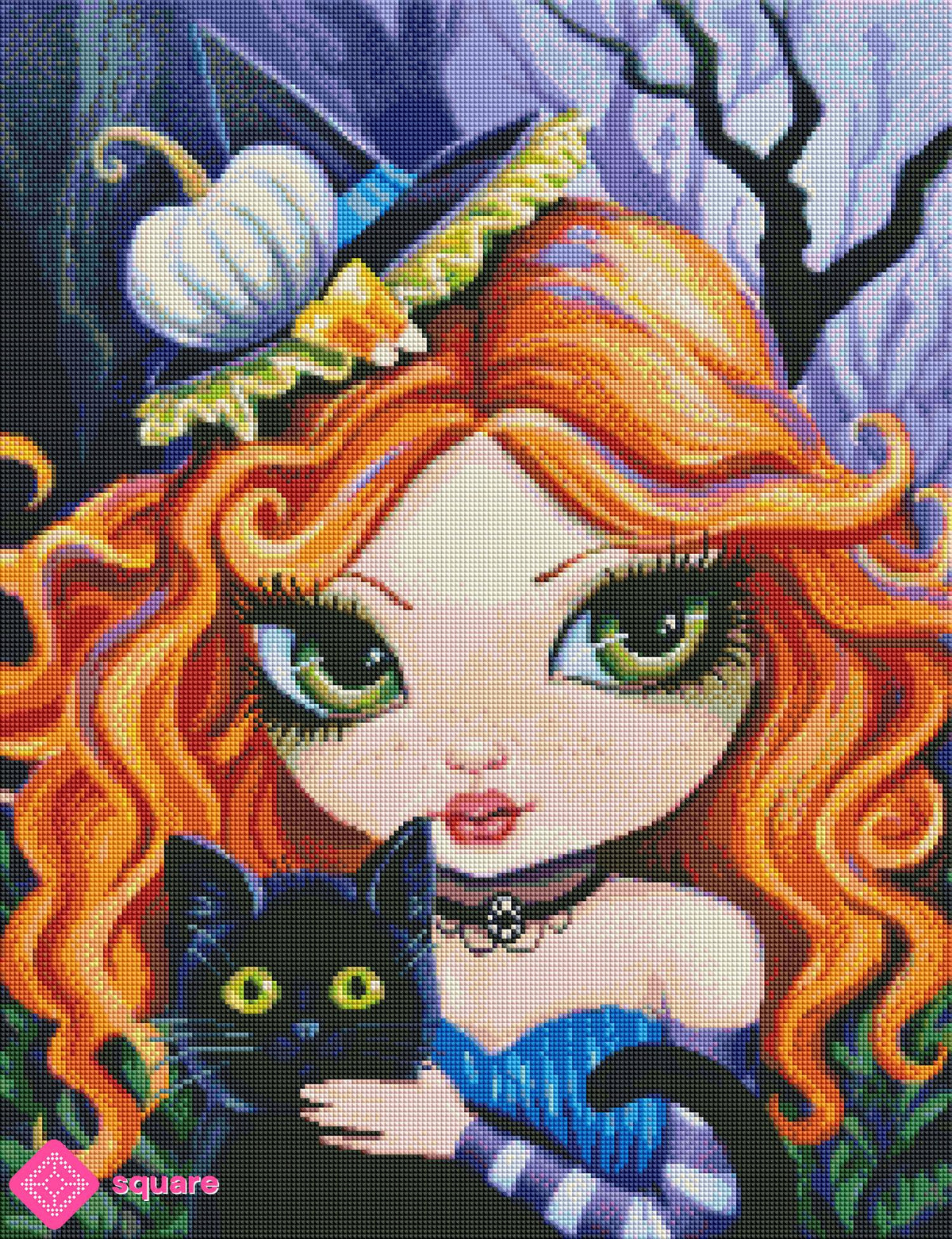 Diamond Painting Vorschau mit rothaariger Hexe und schwarzem Kater in einer verwunschenen Waldszene in funkelnder Steinoptik