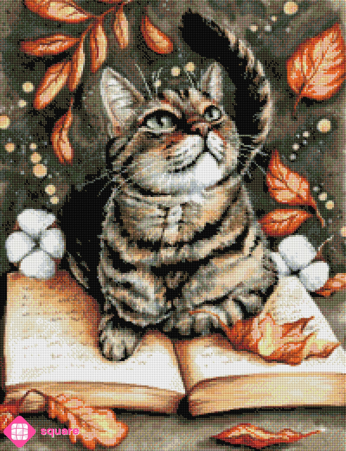 Diamond Painting Vorschau einer Katze mit Buch mit warmen Farben und funkelnder Steinoptik