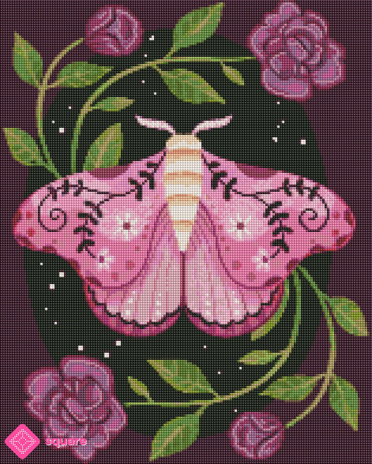 Diamond Painting Vorschau mit rosa Nachtfalter, floralen Flügelmustern und blühender Umgebung in funkelnder Steinoptik
