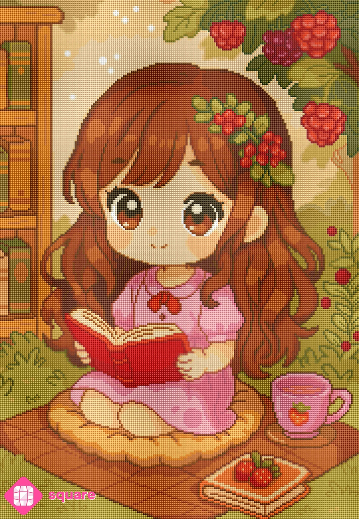 Diamond Painting Vorschau mit einem lesenden Mädchen im rosa Kleid auf einer Picknickdecke unter Beerenbüschen, begleitet von einer Tasse Erdbeertee, in funkelnder Steinoptik als Render-Vorschau
