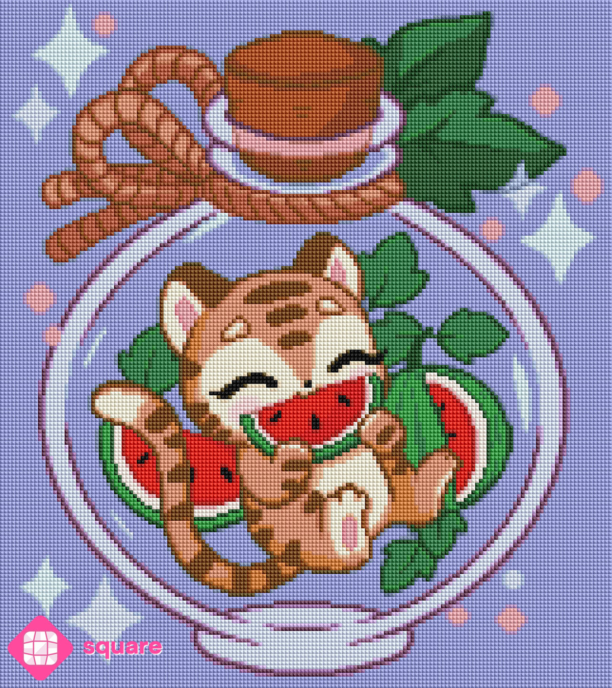 Diamond Painting Vorschau mit Tiger im Glas Motiv mit Wassermelone in funkelnder Steinoptik als Render-Vorschau