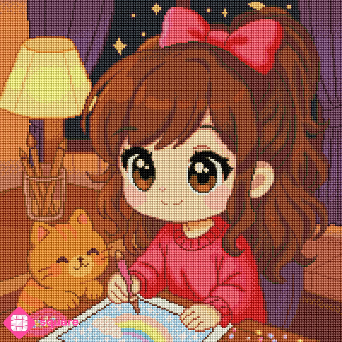 Diamond Painting Vorschau mit dunkelhaarigem Mädchen im roten Pulli und roter Haarschleife, das gemeinsam mit seiner Katze beim Diamond Painting in einem gemütlichen Wohnzimmer sitzt,  in funkelnder Steinoptik als Render-Vorschau