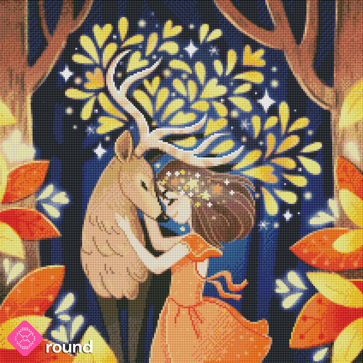 Diamond Painting Vorschau mit Fantasy Motiv mit Mädchen und Hirsch im Wald und funkelnden Details mit runden Steinen