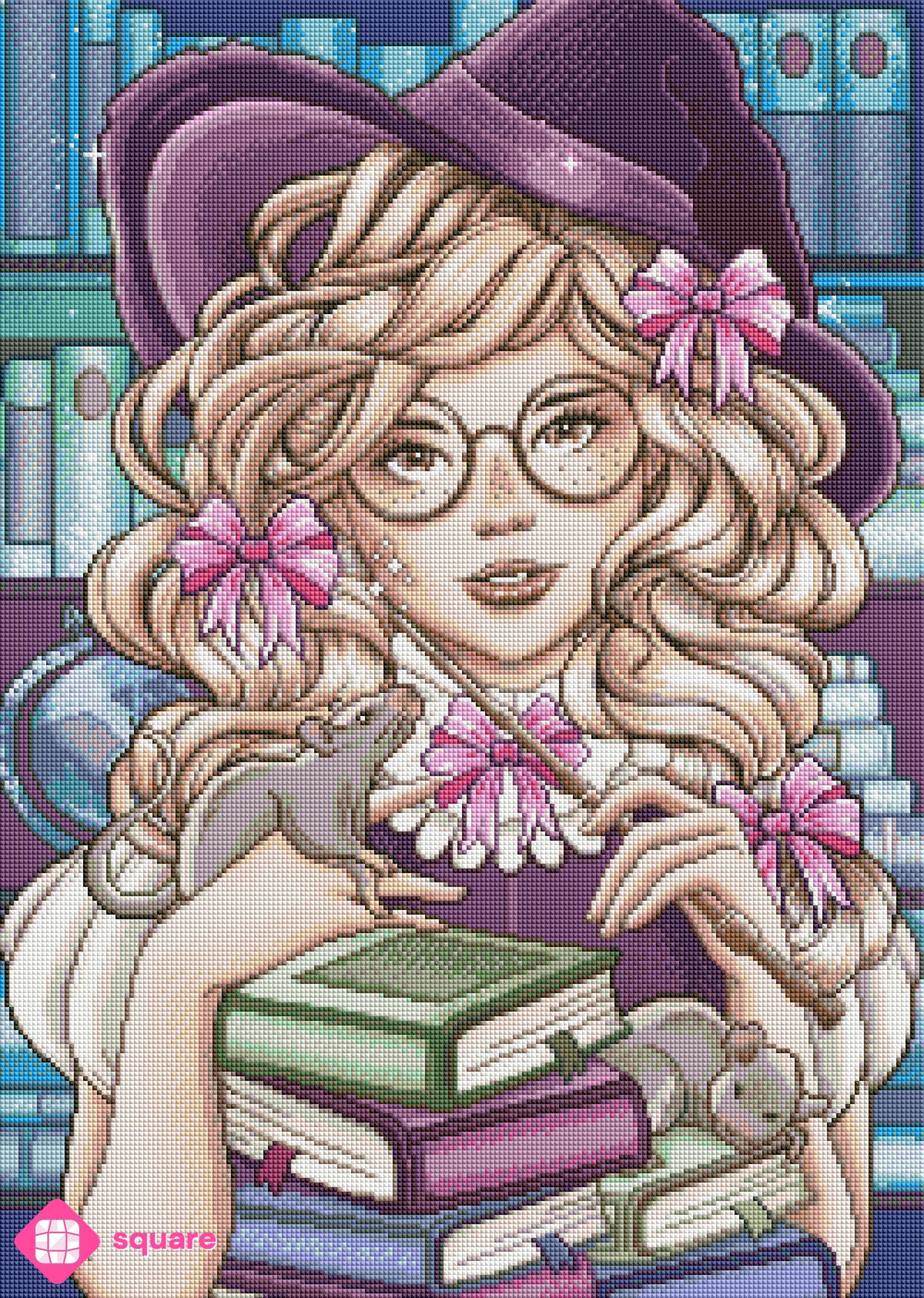 Diamond Painting Vorschau der kleinen Hexe mit blonden Locken und lila Hexenhut, ihren beiden Ratten, Zauberstab und Bücherstapel in einer zauberhaften Bibliothek, in funkelnder Steinoptik als Render-Vorschau