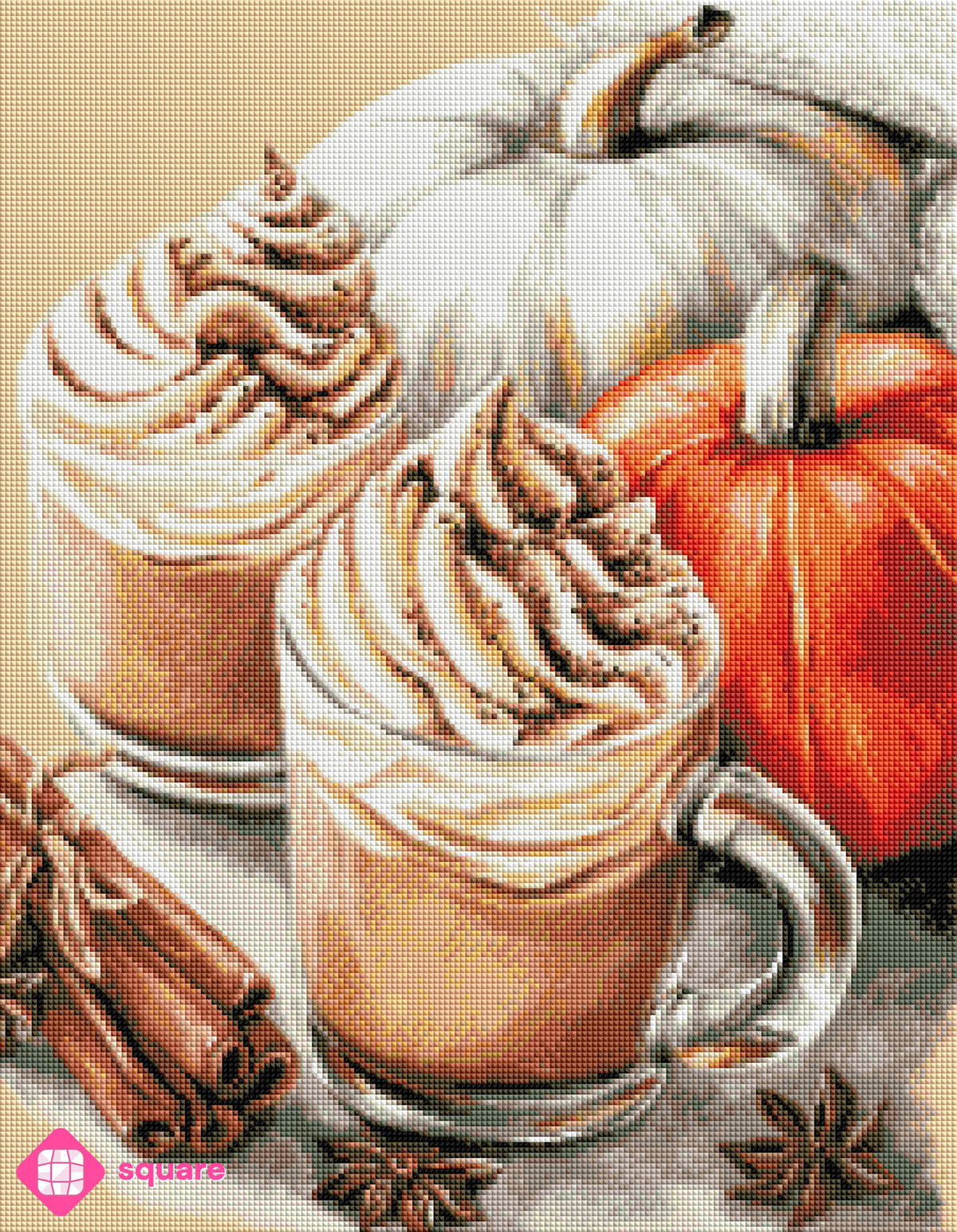 Diamond Painting Vorschau mit herbstlichem Motiv mit Kürbissen und Kaffee in funkelnder Steinoptik als Render-Vorschau