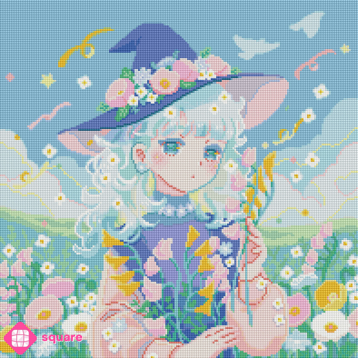 Diamond Painting Vorschau von Hiroko mit junger Hexe und blumengeschmücktem Spitzhut inmitten einer pastellfarbenen Blumenwiese, umgeben von blauem Himmel, weißen Wolken und schwebenden goldenen Bändern  in funkelnder Steinoptik als Render-Vorschau