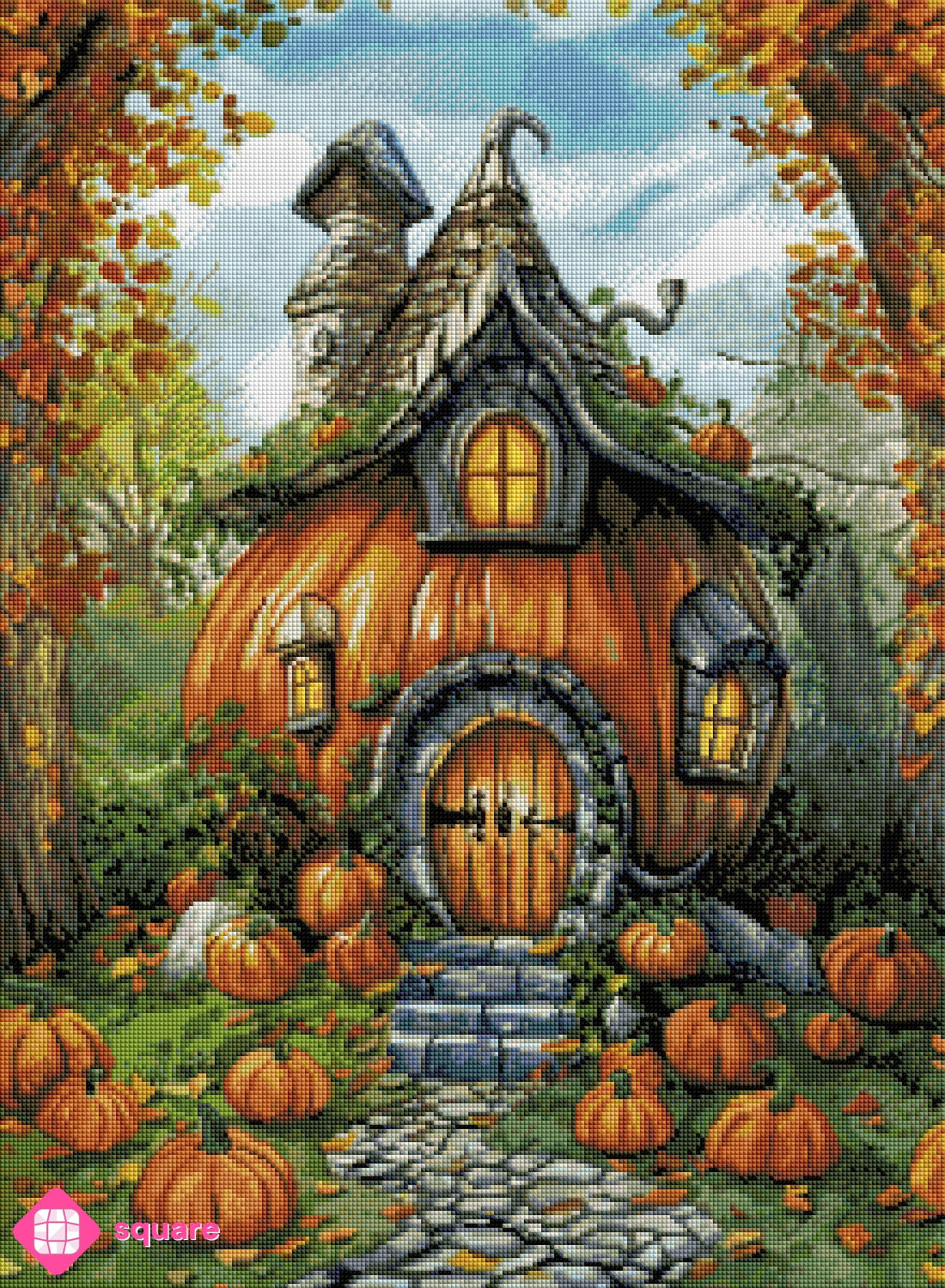 Diamond Painting Vorschau mit Kürbishaus in Herbstlandschaft in funkelnder Steinoptik als Render-Vorschau