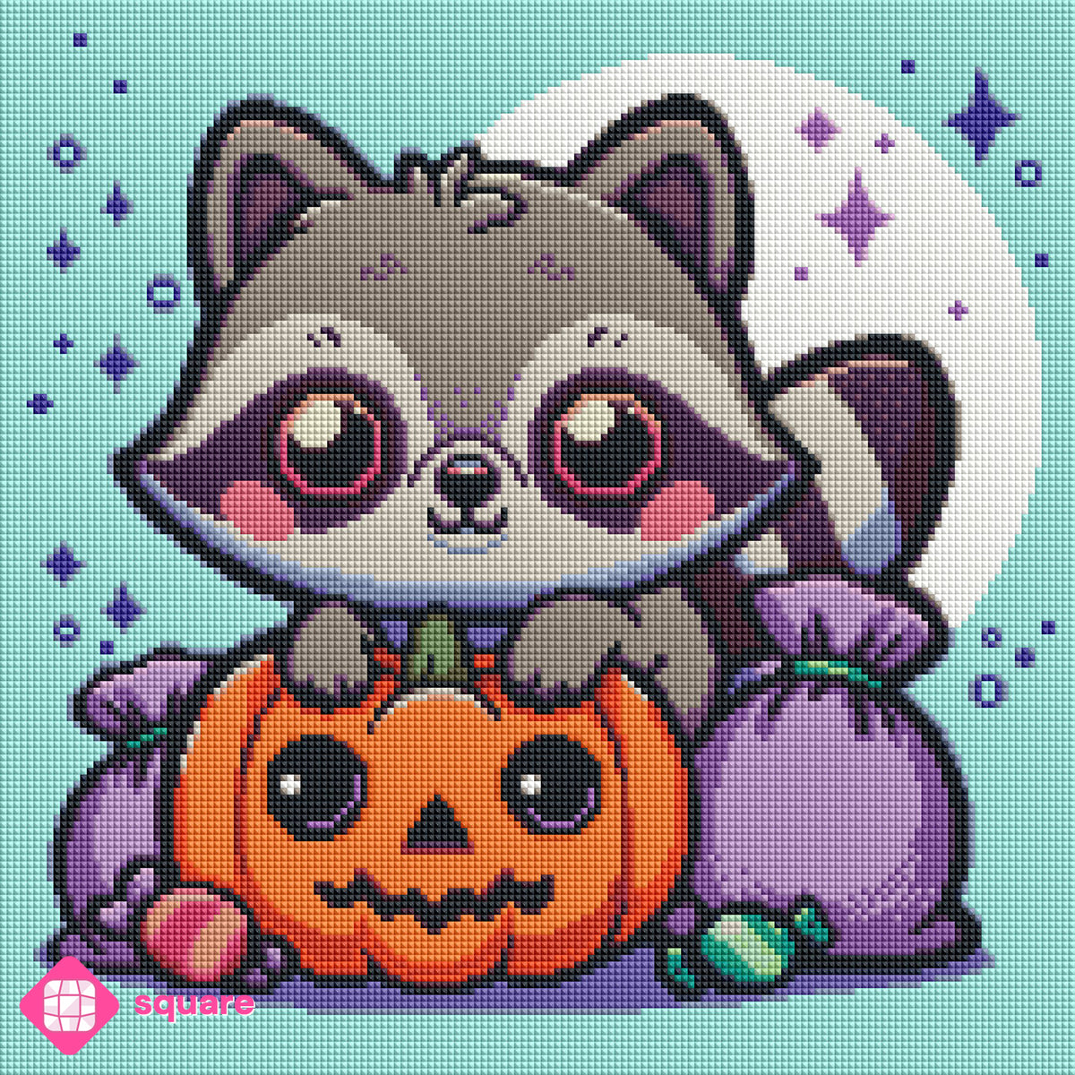 Diamond Painting Vorschau mit Waschbär und Kürbis Motiv und  Halloween Details in funkelnder Steinoptik als Render-Vorschau