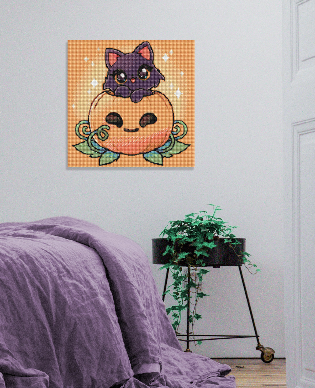 Diamond Painting Katze mit Kürbis als herbstliche Wanddekoration