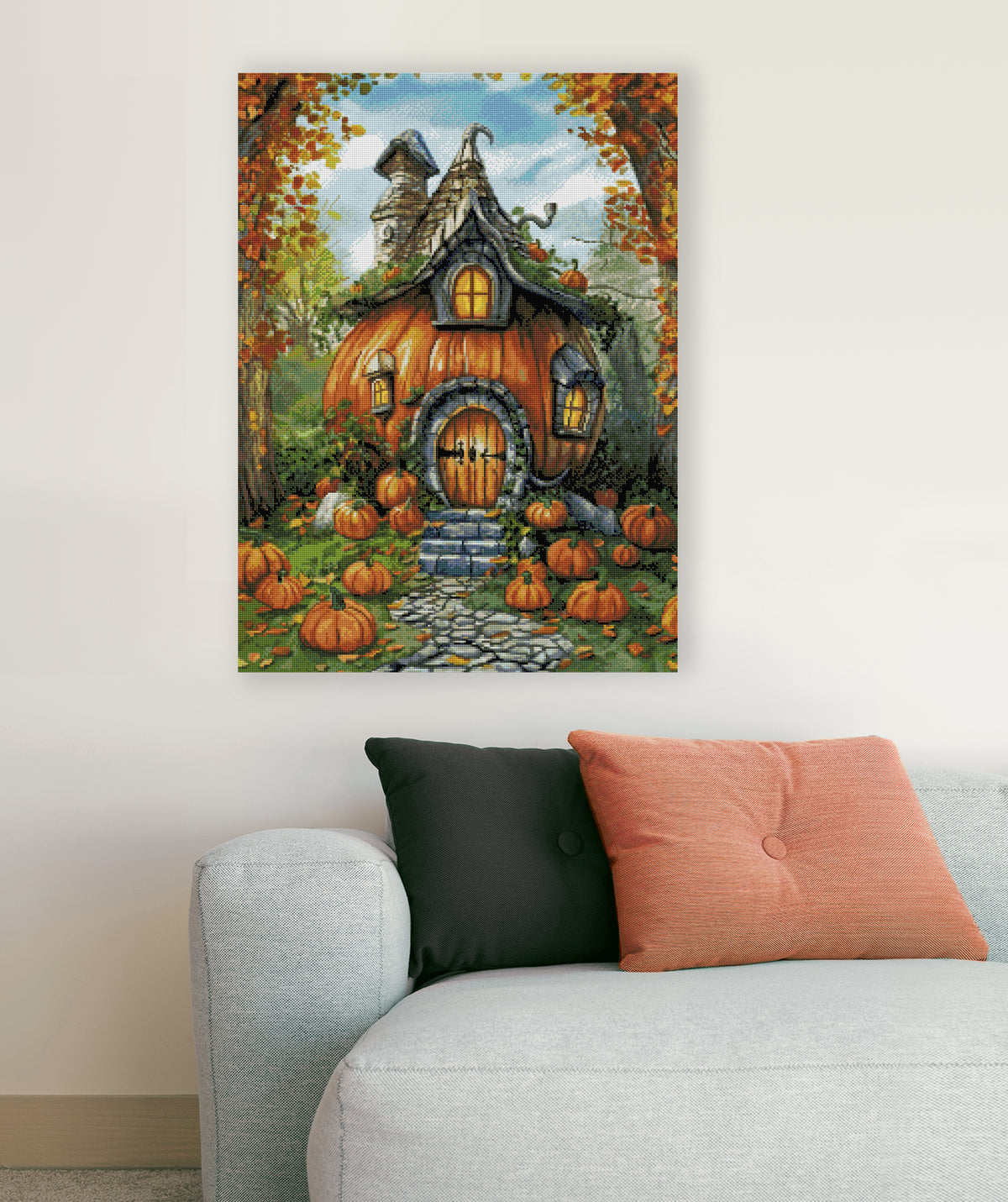 Diamond Painting Kürbishaus mit Kürbissen und Herbstlaub als dekoratives Herbstbild