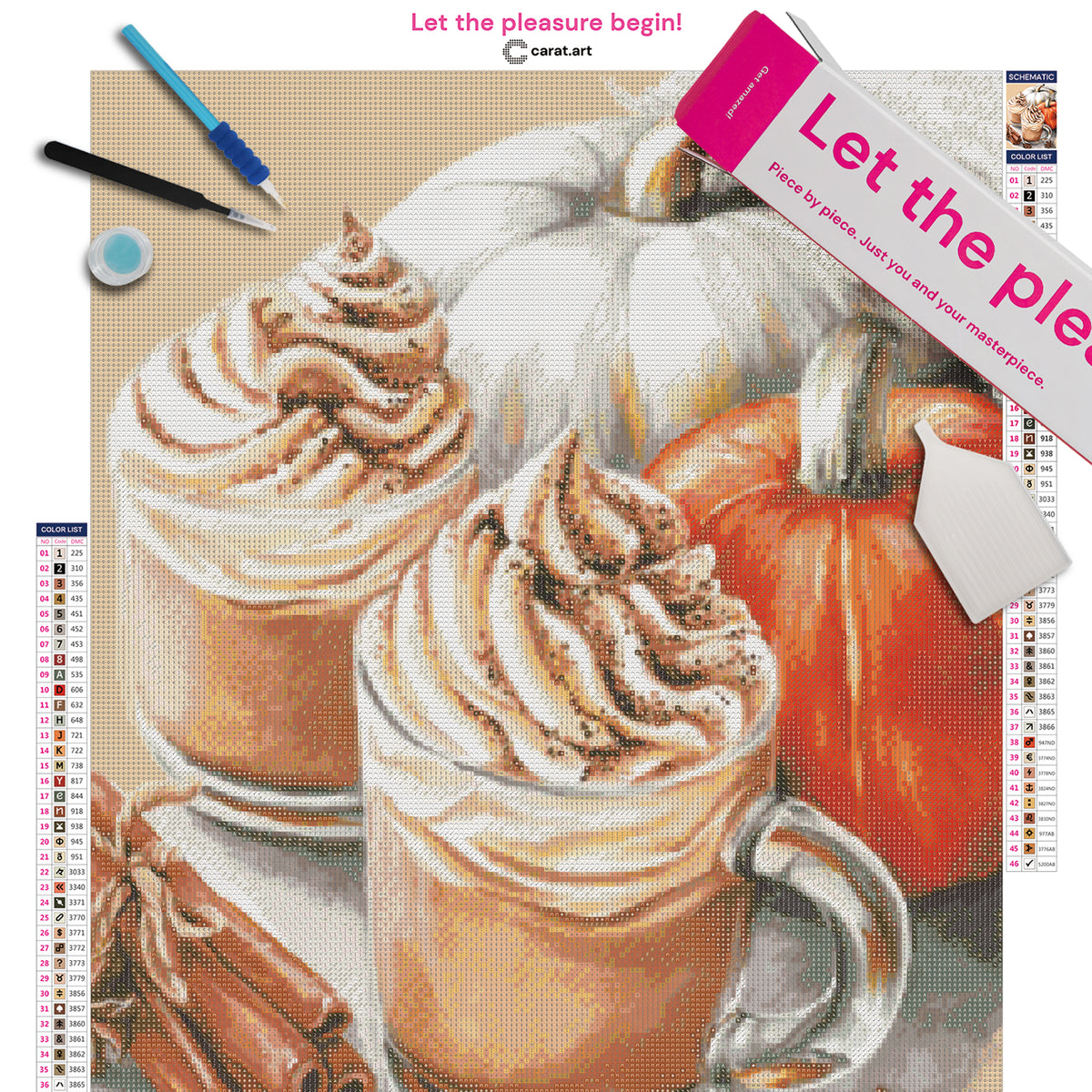 Diamond Painting Set Kürbis mit herbstlichem Kaffee Motiv mit Leinwand, Karton und Werkzeug