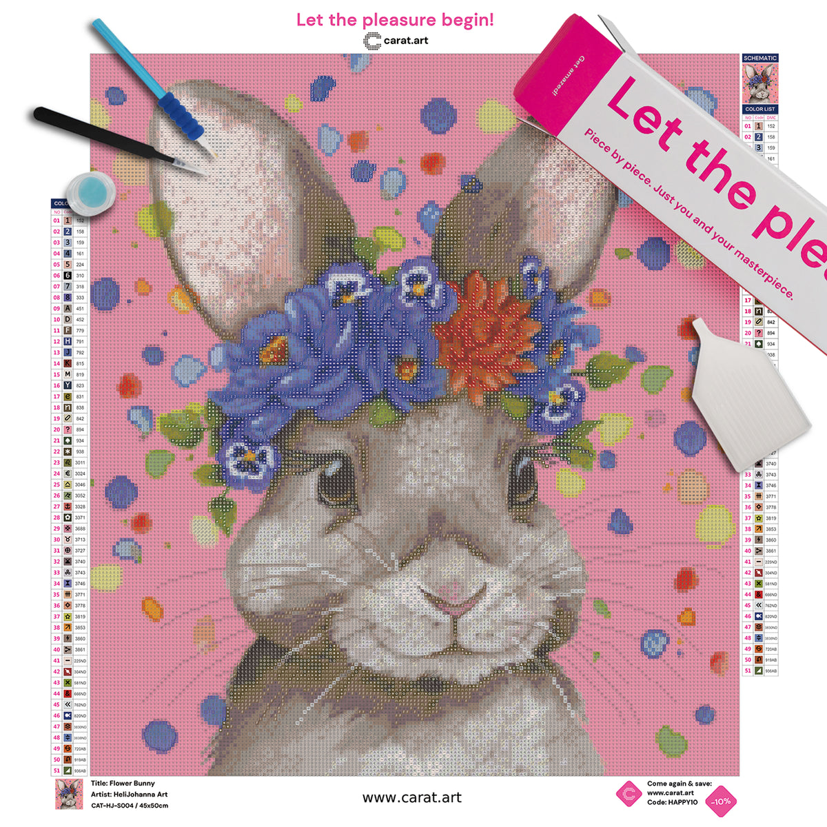 Diamond Painting Set mit kleinem Hasen, glänzenden Augen und Blumenkranz aus tiefblauen und warmen Blüten vor fröhlichem rosa Konfettihintergrund inklusive Leinwand, ciratart.com Karton und hochwertigem Zubehör