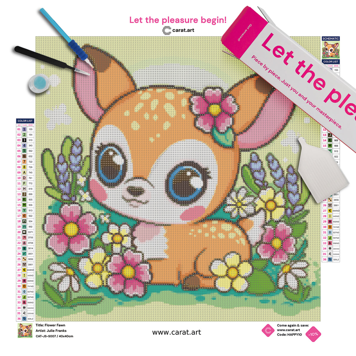 Diamond Painting Set mit niedlichem Rehkitz, großen Kulleraugen und bunten Blumen auf einer grünen Waldwiese inklusive Leinwand, ciratart.com Karton und hochwertigem Zubehör
