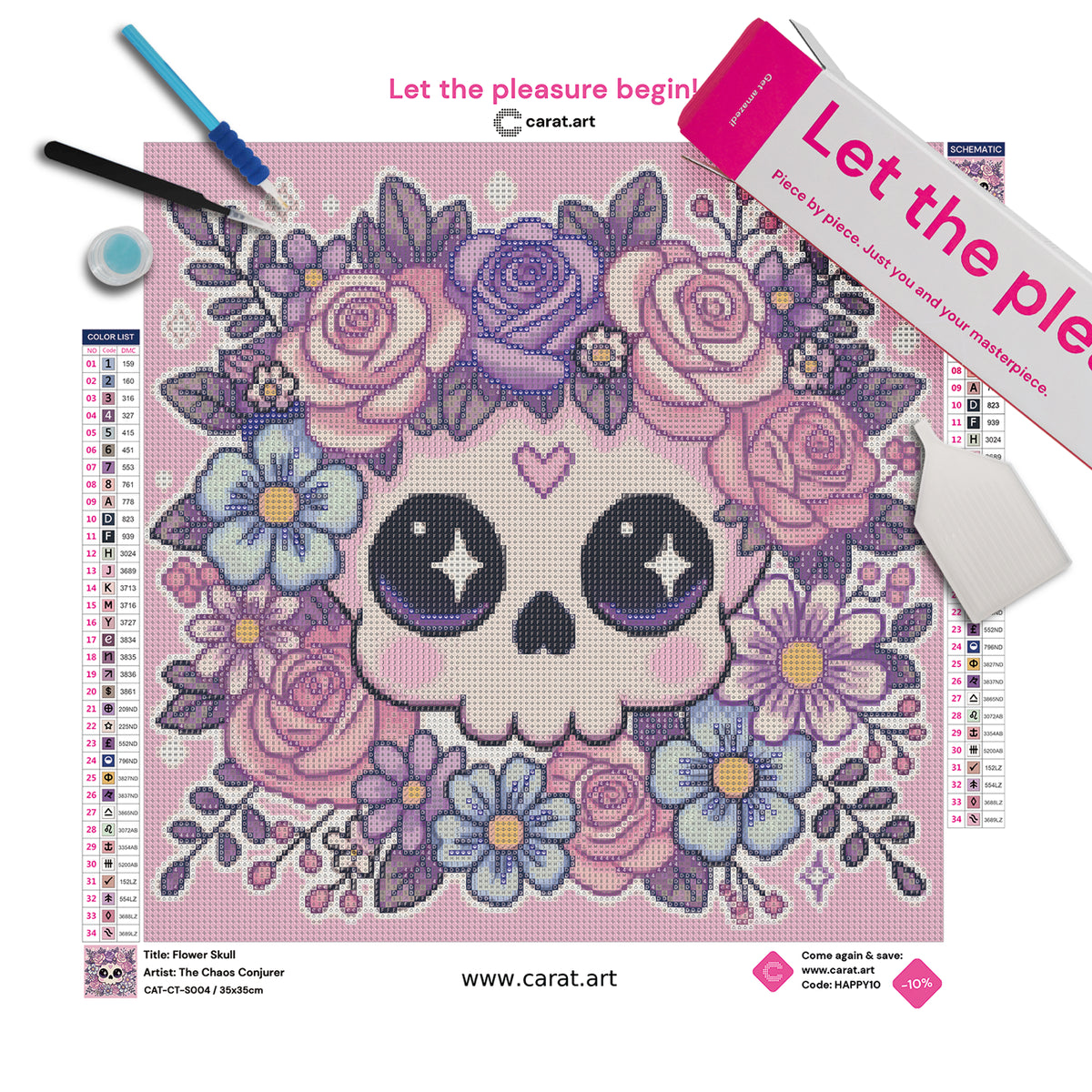 Diamond Painting Set mit niedlichem Totenkopf, üppigen Blumen in sanften Pastellfarben und rosafarbenem Hintergrund inklusive Leinwand, ciratart.com Karton und hochwertigem Zubehör