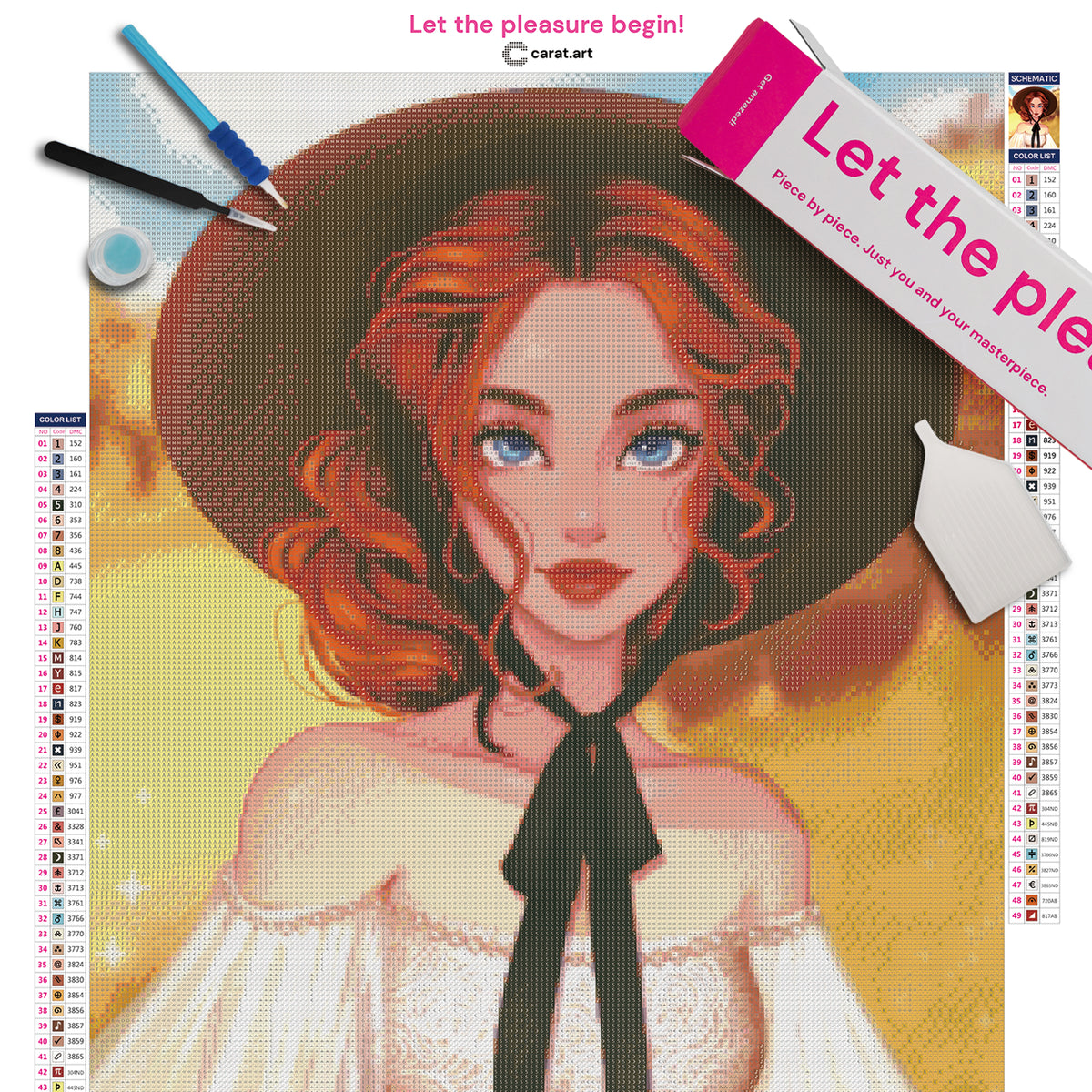 Diamond Painting Set mit Grace im weißen Spitzenkleid und großem dunklem Hut vor einem goldenen Feld auf Leinwand mit Diamond Painting Werkzeug und ciratart.com Box
