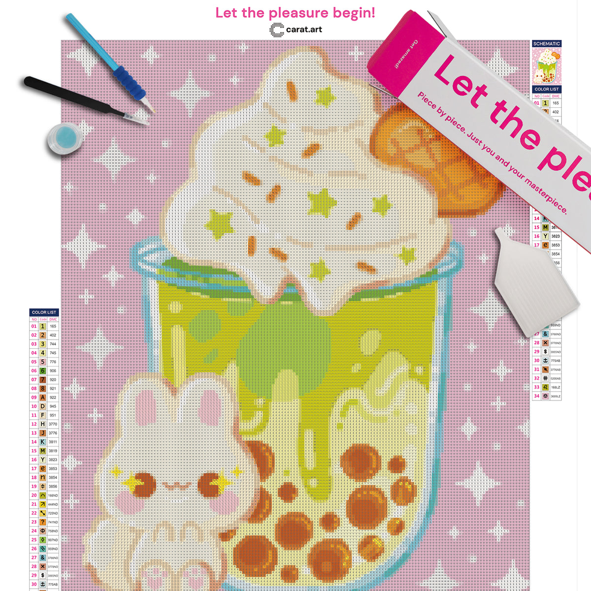 Diamond Painting Set mit kleinem Häschen und großem Matcha Latte mit Schlagsahne, grünen Sternchen-Streuseln, herzförmigem Keks und dunklen Tapiokaperlen inklusive Leinwand, ciratart.com Karton und hochwertigem Zubehör