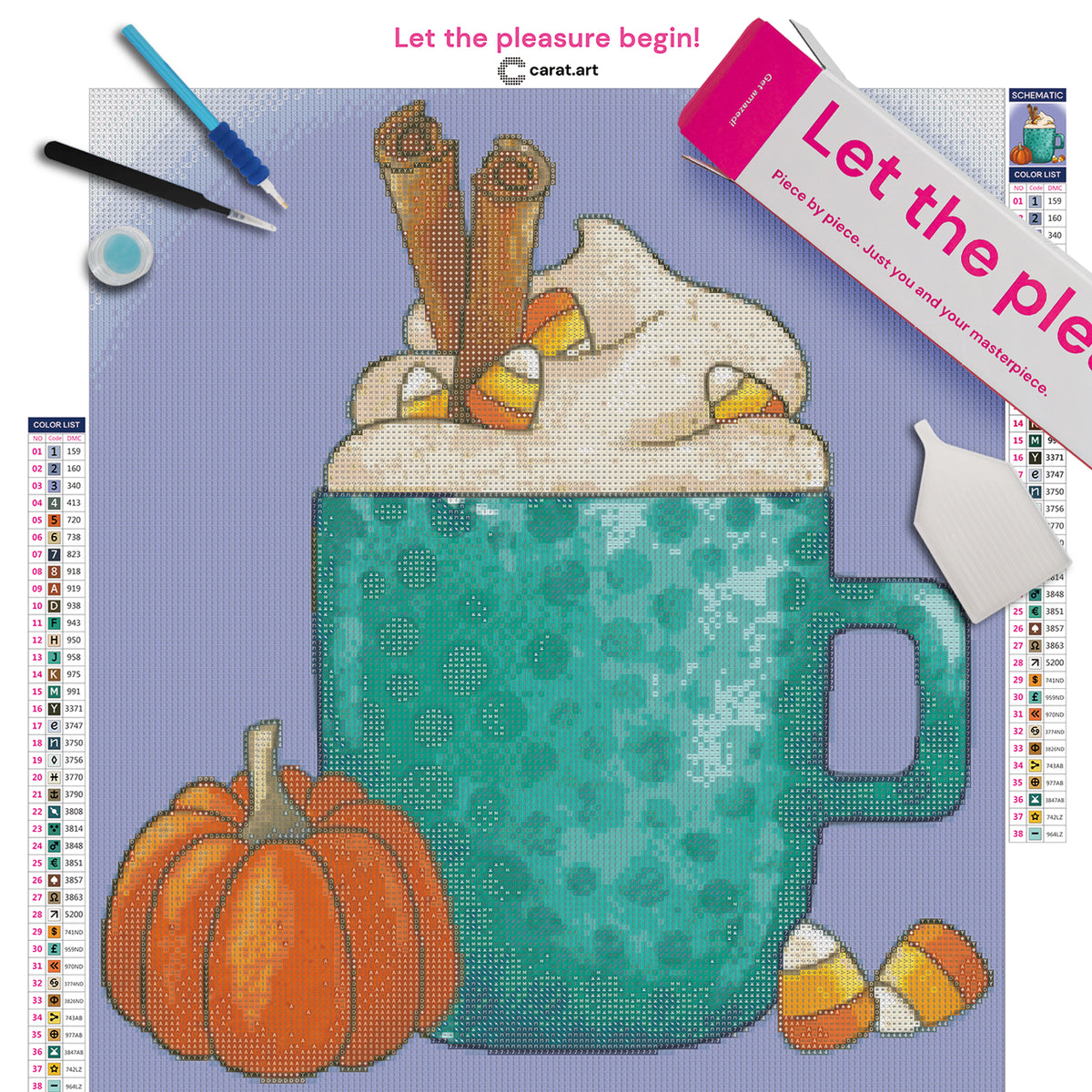 Premium Diamond Painting Set mit Pumpkin Latte Motiv auf Leinwand und hochwertigem Zubehör