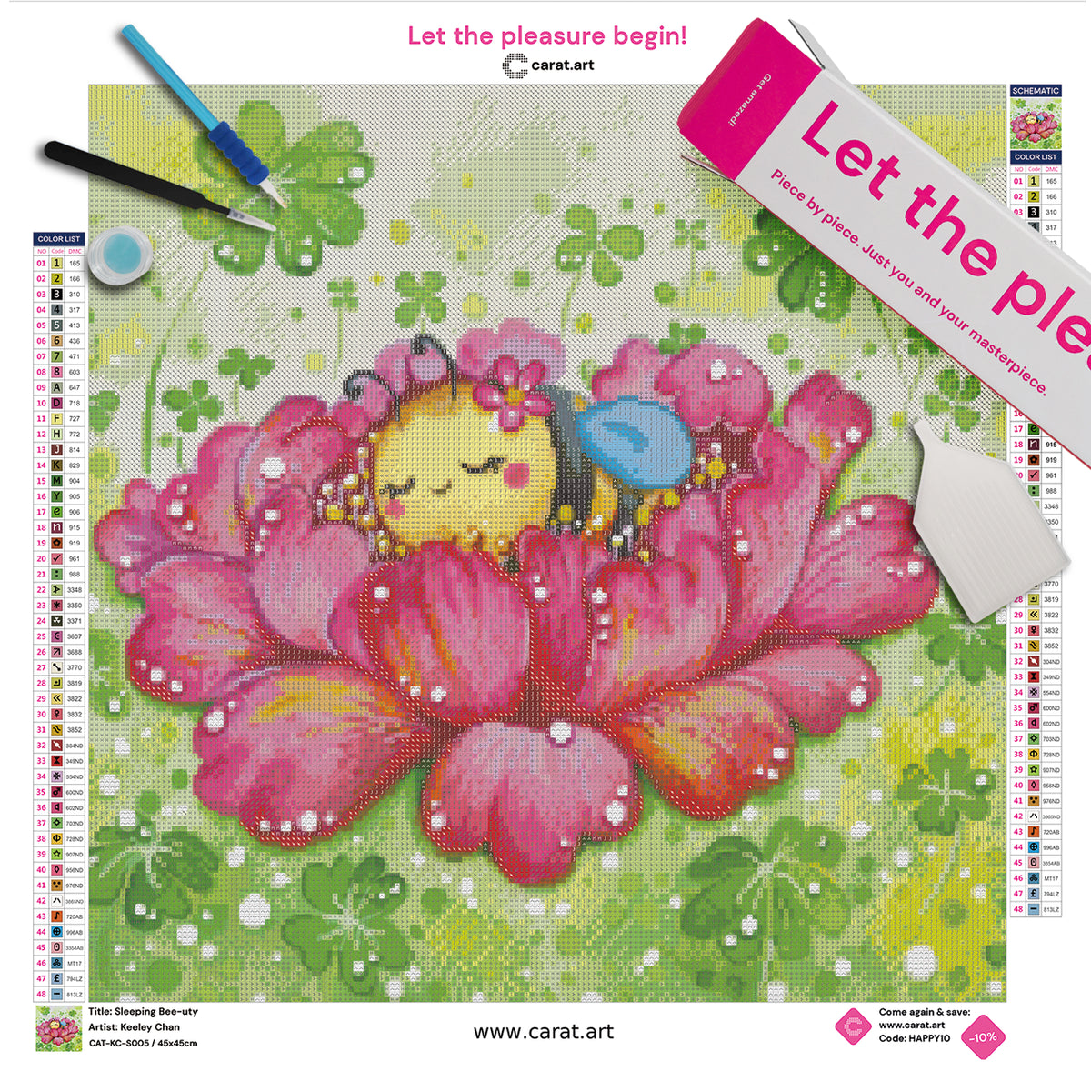 Diamond Painting Set mit schlafender Biene in einer üppigen Blüte, umgeben von grünen Wiesen, Kleeblättern und funkelnden Tropfen inklusive Leinwand, ciratart.com Karton und hochwertigem Zubehör