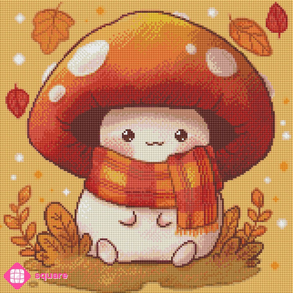Diamond Painting Vorschau mit niedlich gestaltetem Herbstmotiv eines kleinen Pilzes mit rotem Schirm und weißen Flecken, kariertem Schal und fallendem Laub in funkelnder Steinoptik als Render-Vorschau